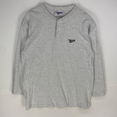 古着 90's/90年代 リーボック Reebok USA製 長袖Tシャツ ハーフボタン 刺繍ロゴ ロンT ロングスリーブ XL グレー系 メンズ