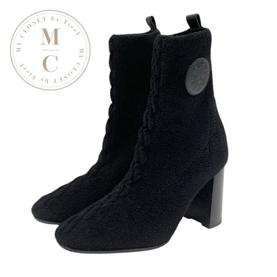 エルメス HERMES ジェナ ブーツ ショートブーツ 靴 シューズ シェニール レザー ブラック 黒 ソックスブーツ エクスリブリス ニット