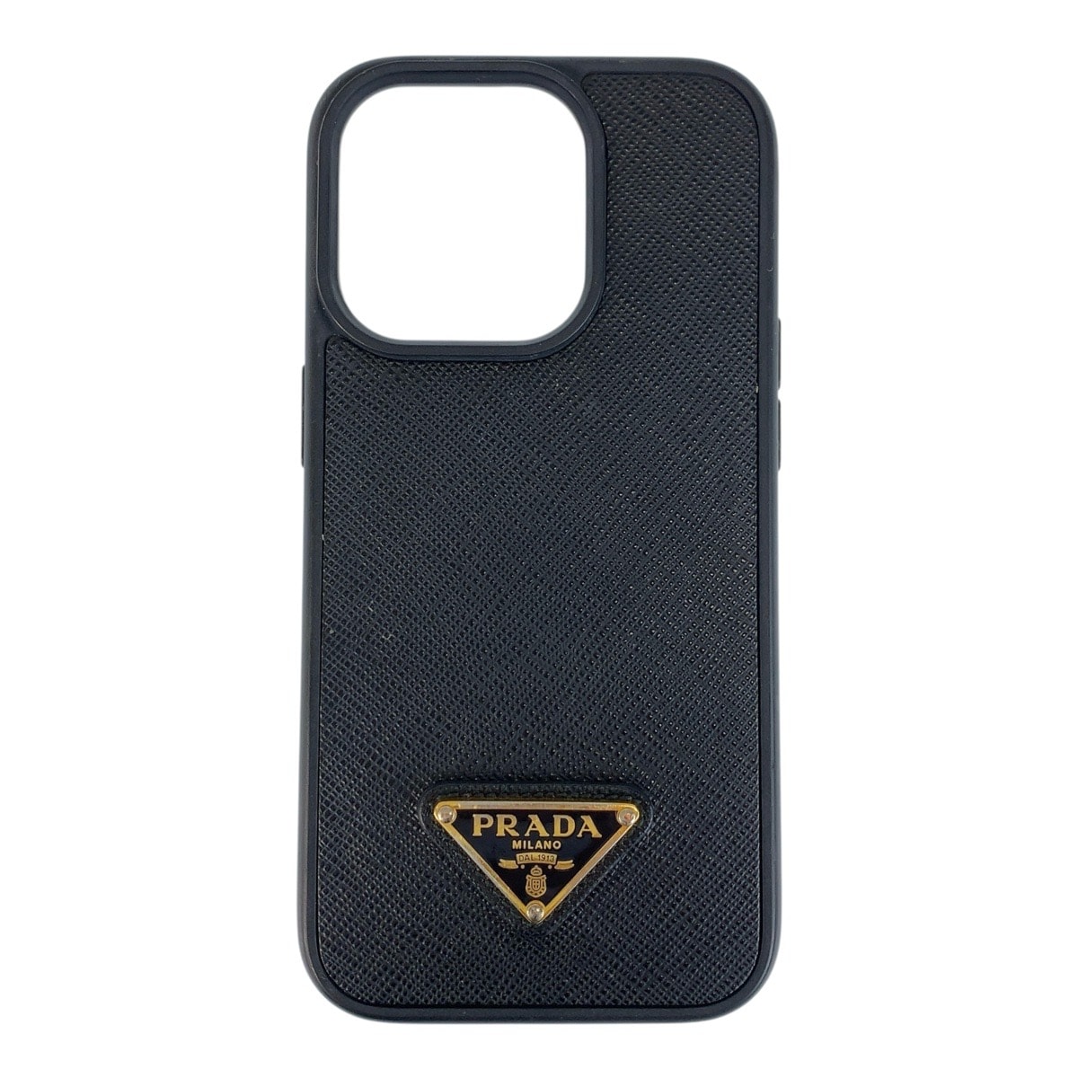 美品 PRADA プラダ サフィアーノ 三角ロゴプレート ブラック 黒 ゴールド金具 レザー iPhoneケース iPhone15Proケース 600098 【中古】