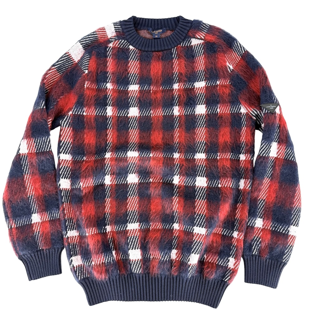 LOUIS VUITTON ルイヴィトン ニット チェック シャギーニット プルオーバー 長袖 アパレル 服 XS レッド 赤 ネイビー 紺 レディース 秋 冬 美品【中古品】