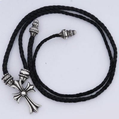 Chrome Hearts CH Cross Small Crimpt Bolo Tip Leather Braid Necklace "Silver"