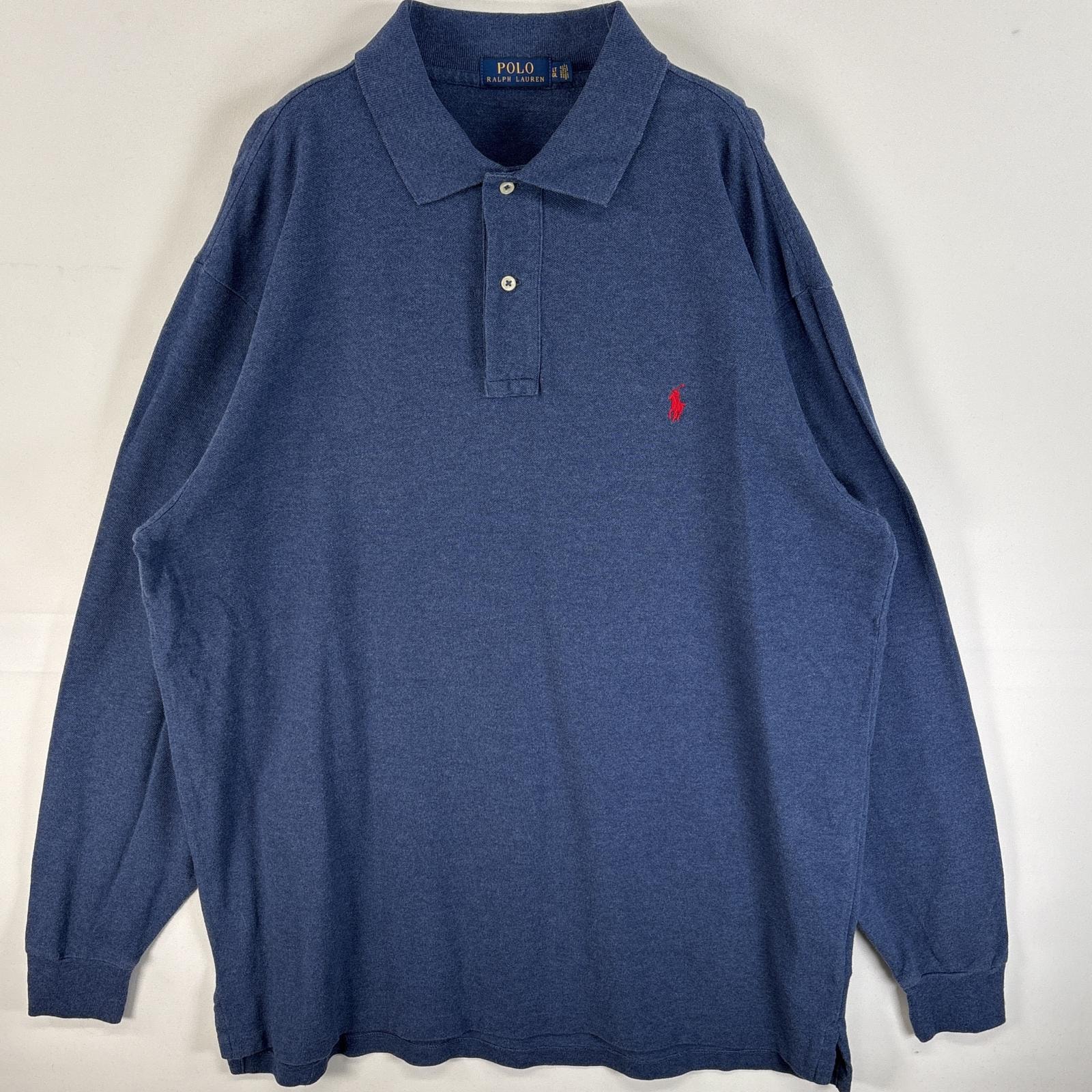 古着 ポロ・ラルフローレン POLO RALPH LAUREN 鹿の子 長袖 ポロシャツ ワンポイント ロゴ 刺繍 2ボタン 混色生地 LT  ブルー系 無地 メンズ