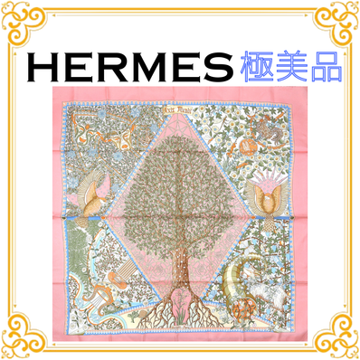 ■極美品■ HERMES エルメス カレ90 AXIS MUNDI 世界の中心軸 スカーフ オレンジ グリーン シルク100% ストール ショール レディース