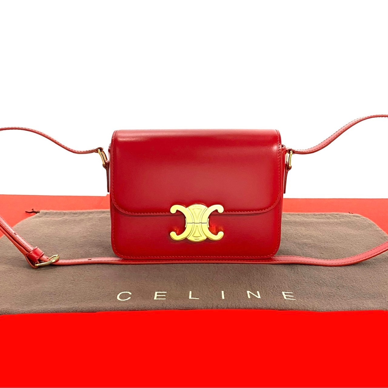 CELINE セリーヌ ティーン トリオンフ トリオンフ ロゴ 金具 レザー PVC ショルダーバッグ レッド
 23190