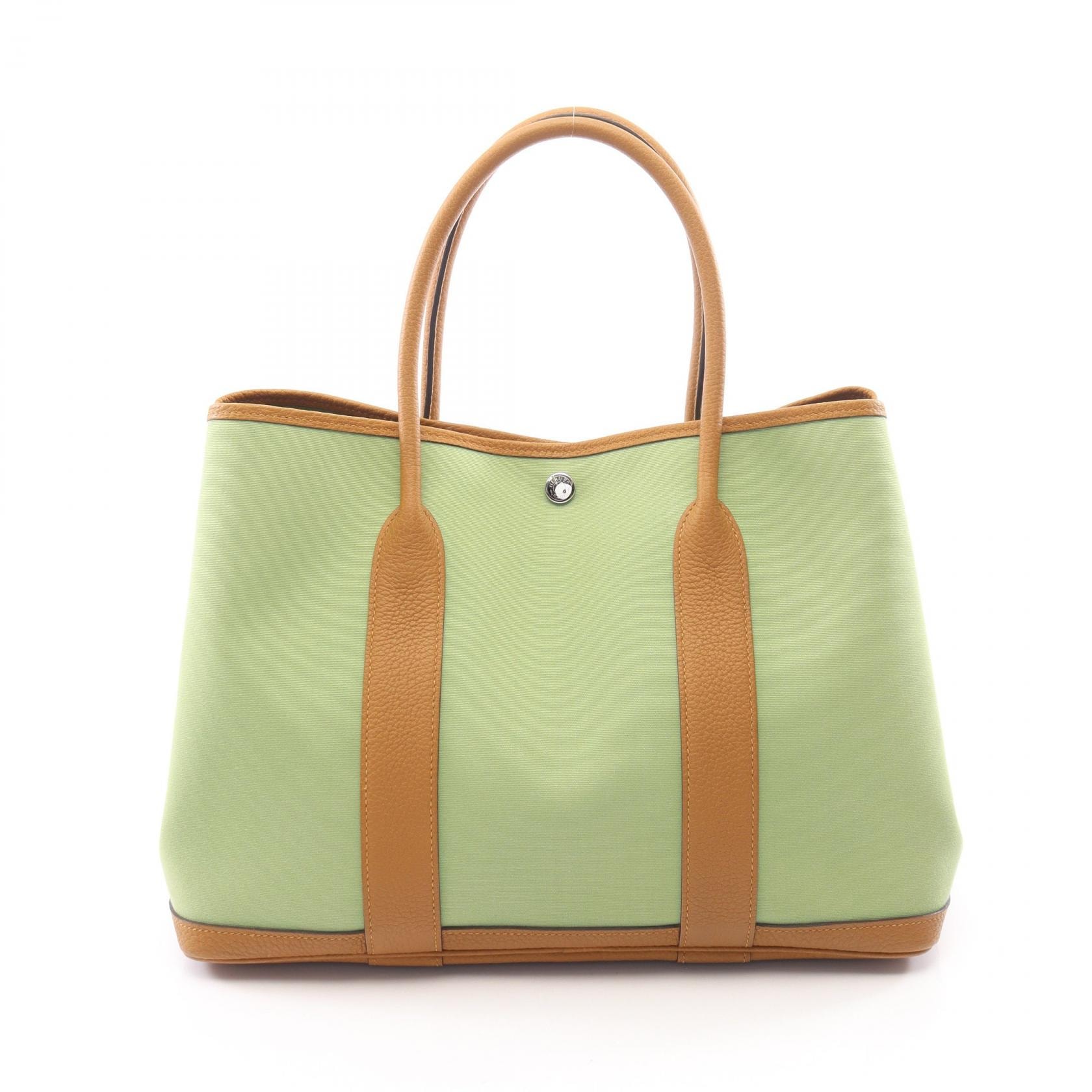 エルメス HERMES ガーデンパーティPM トートバッグ バッグ レザー キャンバス トワルオフィシエ / ネゴンダ トワルオフィシエ ヴェールクリケット Y刻印(2020年製造) レディース グリーン系 / ブラウン系 / オークル 【中古】