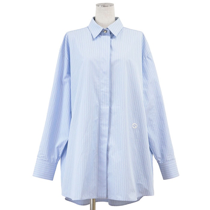 美品 グッチ オルタネイトストライプ GG インターロッキング  刺繍 フライフロント  ラインストーンボタン コットン100% 長袖シャツ レディース サックスブルー 36 GUCCI