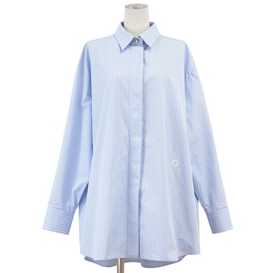 美品 グッチ オルタネイトストライプ GG インターロッキング 刺繍 フライフロント ラインストーンボタン コットン100% 長袖シャツ レディース サックスブルー 36 GUCCI