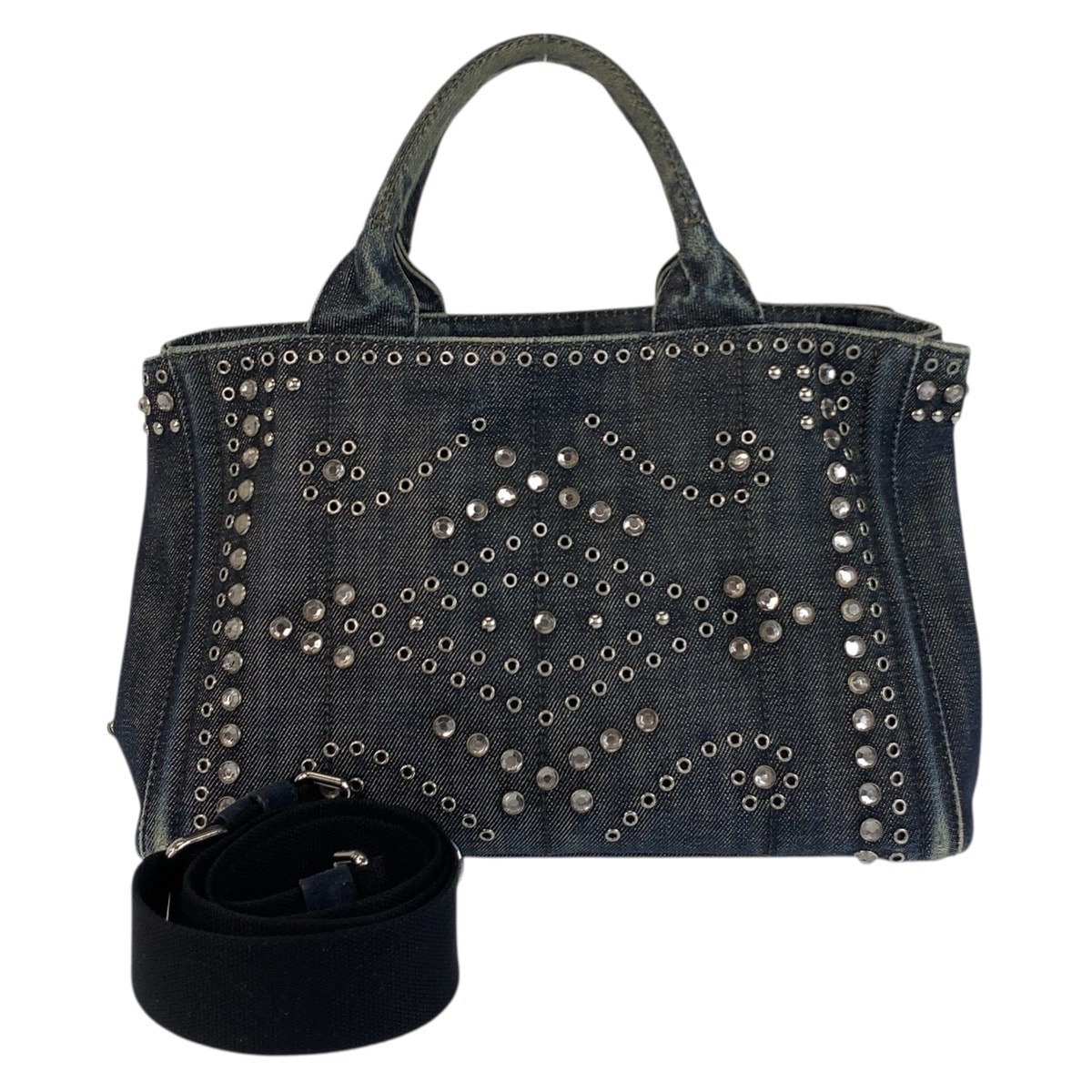 PRADA プラダ ビジュー カナパ 三角ロゴプレート ネイビー ブルー シルバー金具 デニム トートバッグ ショルダーバッグ 2way 506188 【中古】