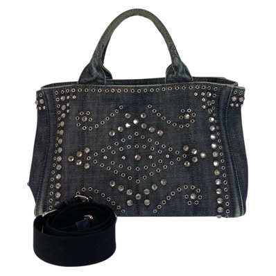 PRADA プラダ ビジュー カナパ 三角ロゴプレート ネイビー ブルー シルバー金具 デニム トートバッグ ショルダーバッグ 2way 506188 【中古】