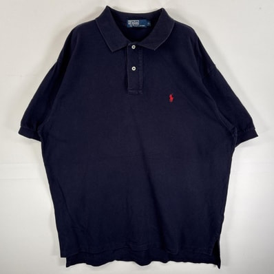 古着 90's/90年代 ポロバイラルフローレン Polo by Ralph Lauren 鹿の子 半袖 ポロシャツ ボタンダウンシャツ ワンポイント ロゴ 刺繍 大きいサイズ XL ネイビー 無地 メンズ