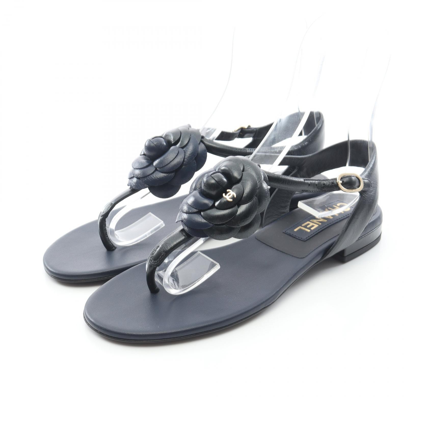 シャネル CHANEL カメリア ココマーク サンダル 靴 レザー レディース ブラック系 / ネイビー系 【中古】