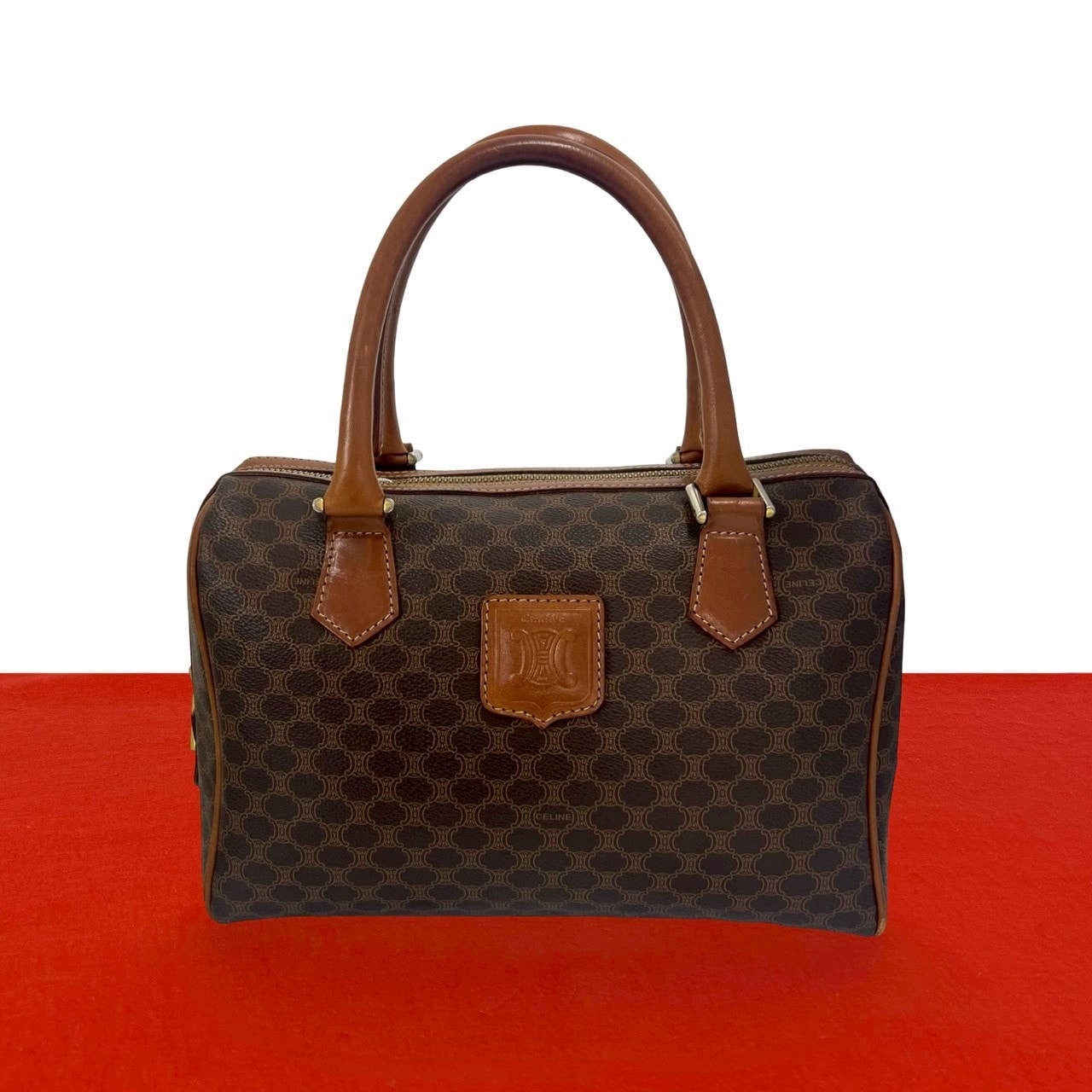 CELINE セリーヌ マカダム ブラゾン トリオンフ ロゴ レザー PVC ハンドバッグ ブラウン
 a65-5