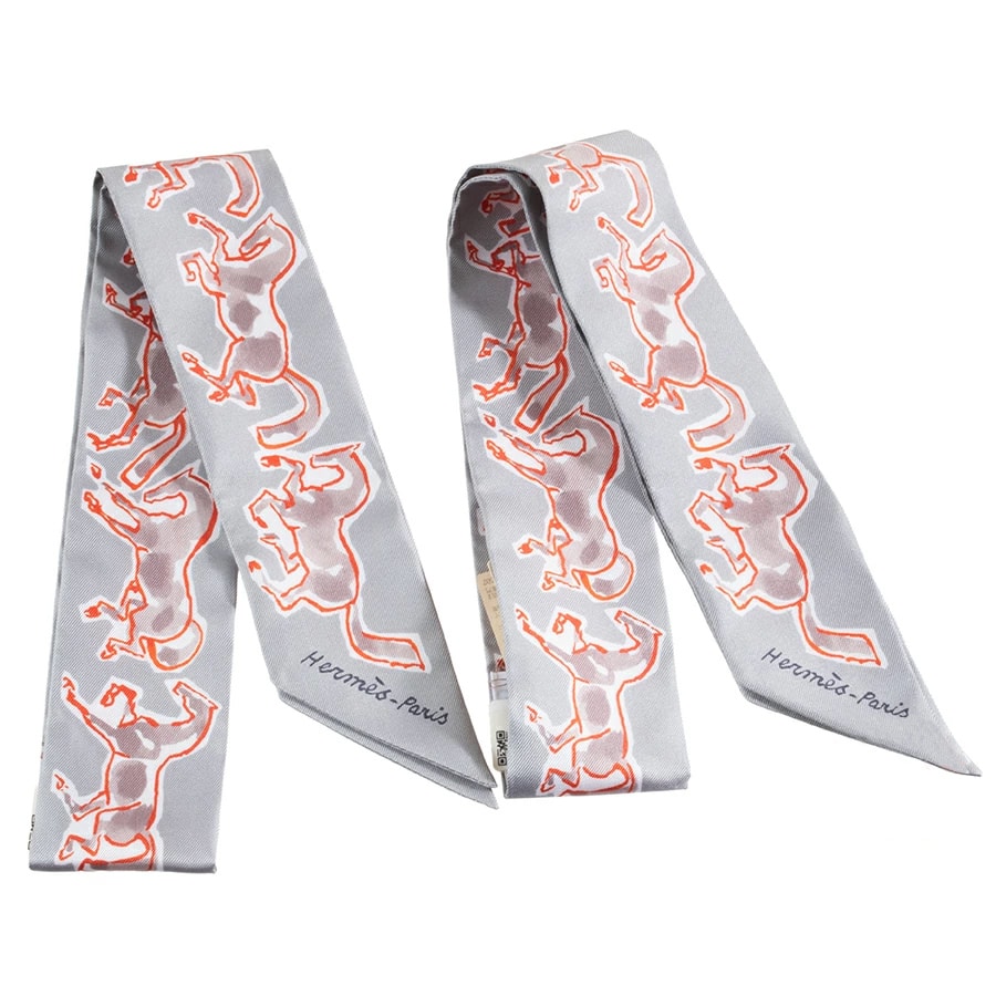 【未使用】HERMES エルメス ツイリー chevaux en liberte 自由の馬 063803S 15 2021AW スカーフ 2本セット シルク グレー レッド【中古】