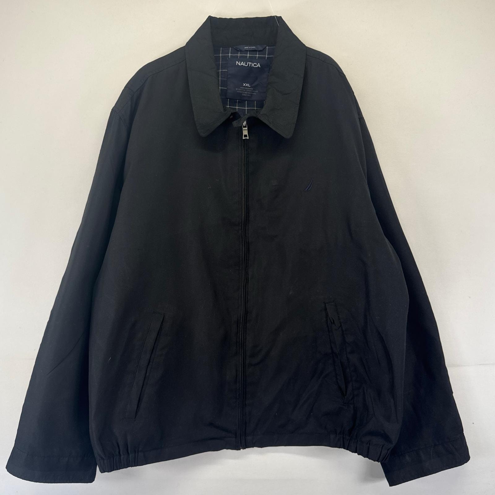 古着 ノーティカ NAUTICA ジャケット ワンポイントロゴ フルジップ スウィングトップ 裏地チェック 大きいサイズ 2XL  ブラック系 メンズ