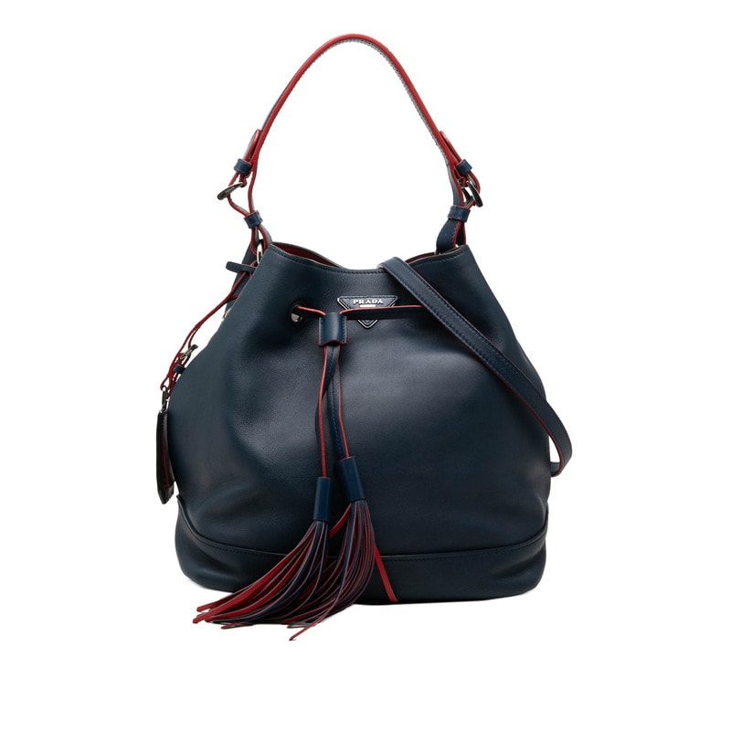 プラダ 三角ロゴプレート ハンドバッグ ショルダーバッグ 2WAY ネイビー レッド レザー レディース PRADA 【中古】