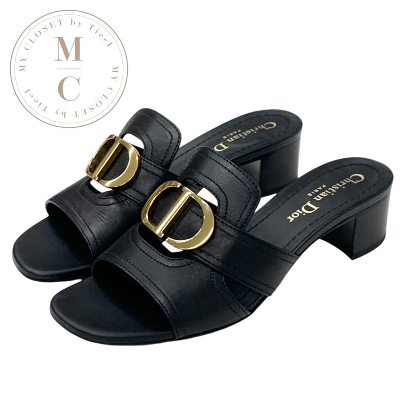 クリスチャンディオール CHRISTIAN DIOR 30 MONTAIGNE サンダル 靴 シューズ レザー ブラック 黒 ゴールド ロゴ ミュール