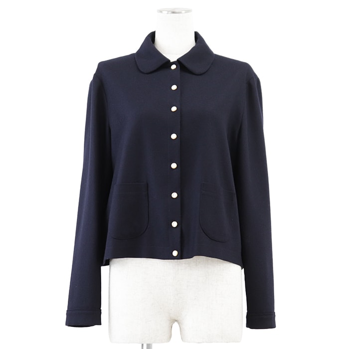 【美品】CELINE セリーヌ ジャケット サイズ 36 レディース カシミヤ100% フラノ ラウンドカラー シグネチャー ロゴ トリオンフ フロントスナップボタン ショートレングス 短丈 軽量 アウター ネイビー 紺 イタリア製