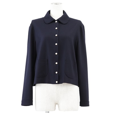 【美品】CELINE セリーヌ ジャケット サイズ 36 レディース カシミヤ100% フラノ ラウンドカラー シグネチャー ロゴ トリオンフ フロントスナップボタン ショートレングス 短丈 軽量 アウター ネイビー 紺 イタリア製