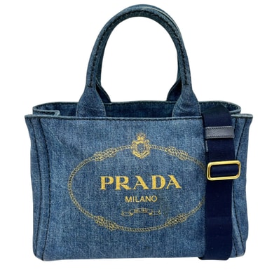 PRADA プラダ カナパ ミニ デニム 2way トートバッグ ショルダーバッグ 1BG439 ブルー ネイビー ベージュ ロゴ CANAPA DENIM ハンドバッグ ユニセックス Bランク 鑑定済 中古 プラダバッグ