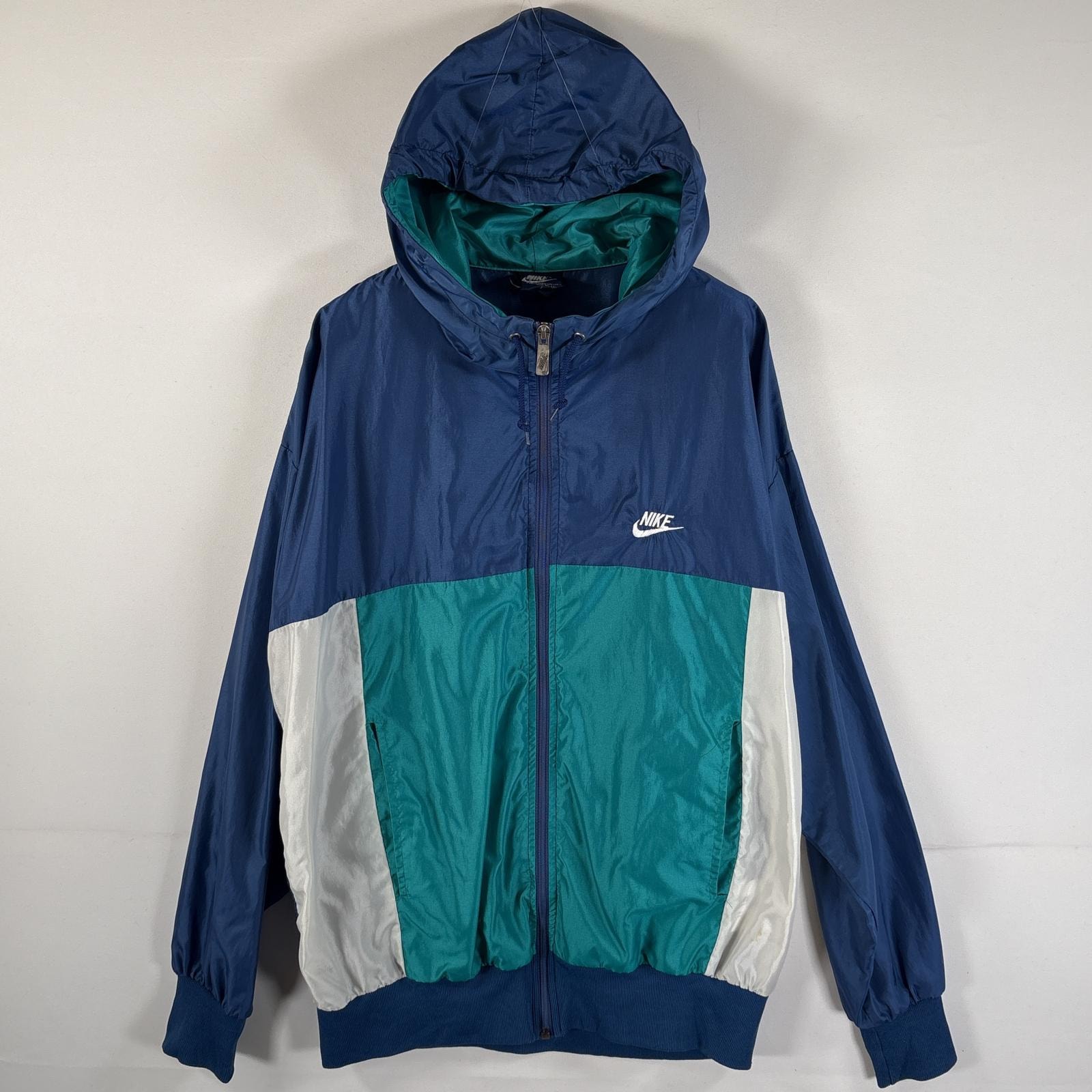 古着 80's/80年代 ヴィンテージ ナイキ NIKE ナイロンジャケット ワンポイントロゴ刺繍 スウッシュ L  ブルー マルチカラー メンズ
