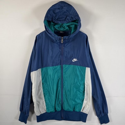 古着 80's/80年代 ヴィンテージ ナイキ NIKE ナイロンジャケット ワンポイントロゴ刺繍 スウッシュ L ブルー マルチカラー メンズ