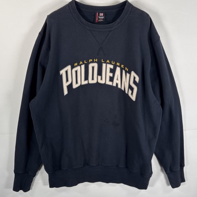 古着 ポロジーンズ POLO JEANS スウェット ビッグロゴワッペン 前Vガゼット クルーネック トレーナー L ネイビー メンズ