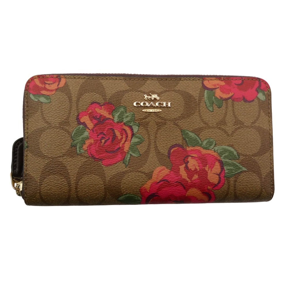 COACH コーチ 財布 F39189 ラウンドジップ シグネチャーロゴ フローラル 長財布 レザー ウォレット ライトブラウン系【中古】