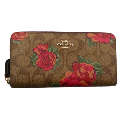 COACH コーチ 財布 F39189 ラウンドジップ シグネチャーロゴ フローラル 長財布 レザー ウォレット ライトブラウン系【中古】