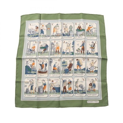 エルメス HERMES プチカレ カレ45 L'ALPHABET DES METIERS スカーフ 衣料品 シルク シルク レディース グリーン系 / マルチカラー 【中古】