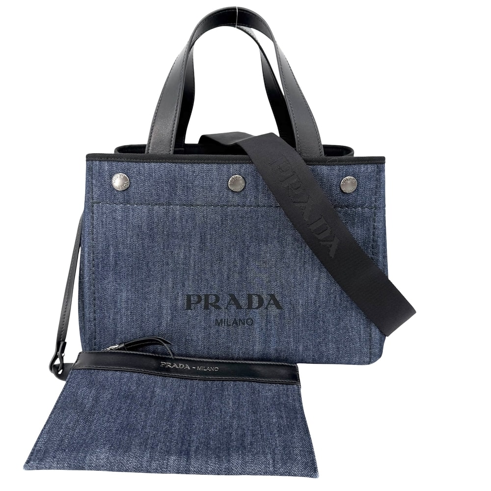 PRADA プラダ トートバッグ カナパ デニム生地 ハンドバッグ 斜め掛け 1BG311 コットンデニム  レザー   ブルー 青 ゴールド金具 レディース 美品【中古品】