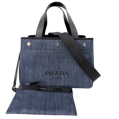 PRADA プラダ トートバッグ カナパ デニム生地 ハンドバッグ 斜め掛け 1BG311 コットンデニム レザー ブルー 青 ゴールド金具 レディース 美品【中古品】
