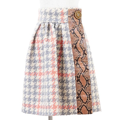 【美品】 ミュウ ミュウ ラップスカート ウールニット パイソン パイピング ハウンドトゥース 千鳥格子柄 スカート レディース マルチカラー 38 Miu Miu