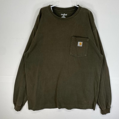 古着 カーハート Carhartt 長袖Tシャツ 肉厚 フェード ワンポイント ロゴ M カーキ系 無地 メンズ