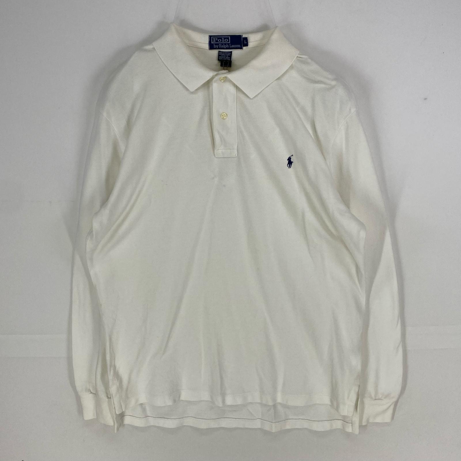 古着 ポロバイラルフローレン Polo by Ralph Lauren 鹿の子 長袖シャツ ワンポイント ロゴ刺繍 ポロシャツ L  ホワイト系 メンズ