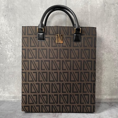 【VALENTINO】ヴァレンティノ トートバッグ Vロゴ モノグラム 総柄 キャンバス レザー ブラウン ブラック ゴールド金具 レディース 手提げ