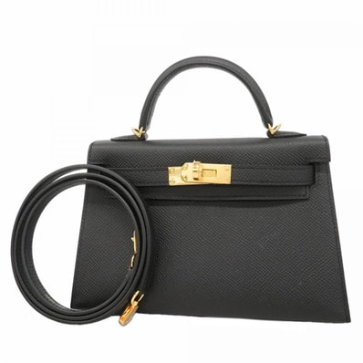 ★SALE【6fd5906-g】エルメス ハンドバッグ ミニケリー2 ヴォーエプソン ブラック ゴールド金具 G刻印 2wayバッグ【中古】レディース