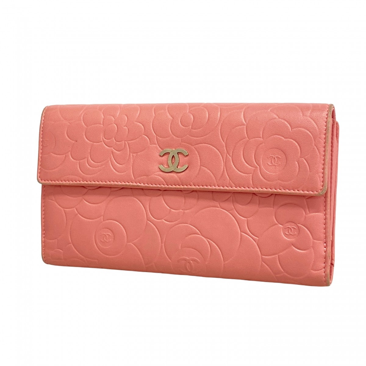 【6dd4954-k】シャネル 長財布 カメリア ラムスキン ピンク シルバー金具【中古】レディース