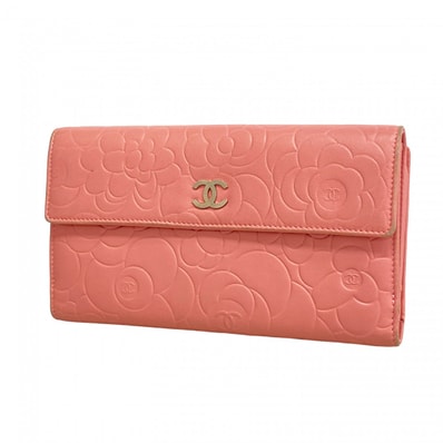 【6dd4954-k】シャネル 長財布 カメリア ラムスキン ピンク シルバー金具【中古】レディース