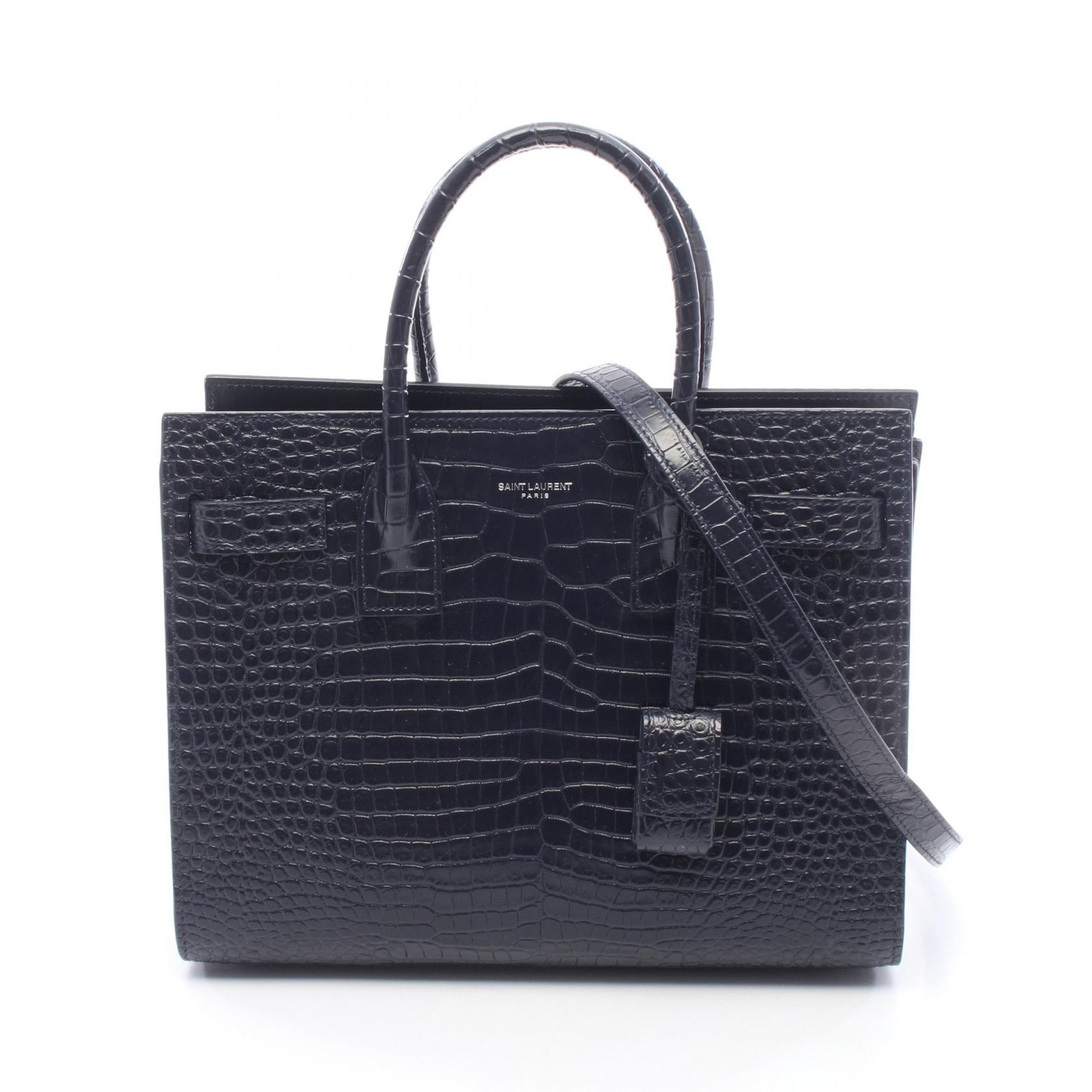サンローランパリ SAINT LAURENT PARIS サック ド ジュール ベイビー クロコ型押し 2WAY ハンドバッグ バッグ レザー レディース ネイビー系 421863 【中古】