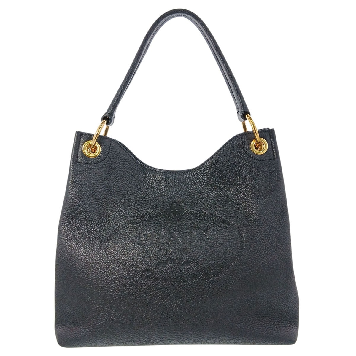 PRADA プラダ ロゴ ワンショルダーバッグ トートバッグ 1BC051 レザー ブラック ゴールド金具 レディース【中古】