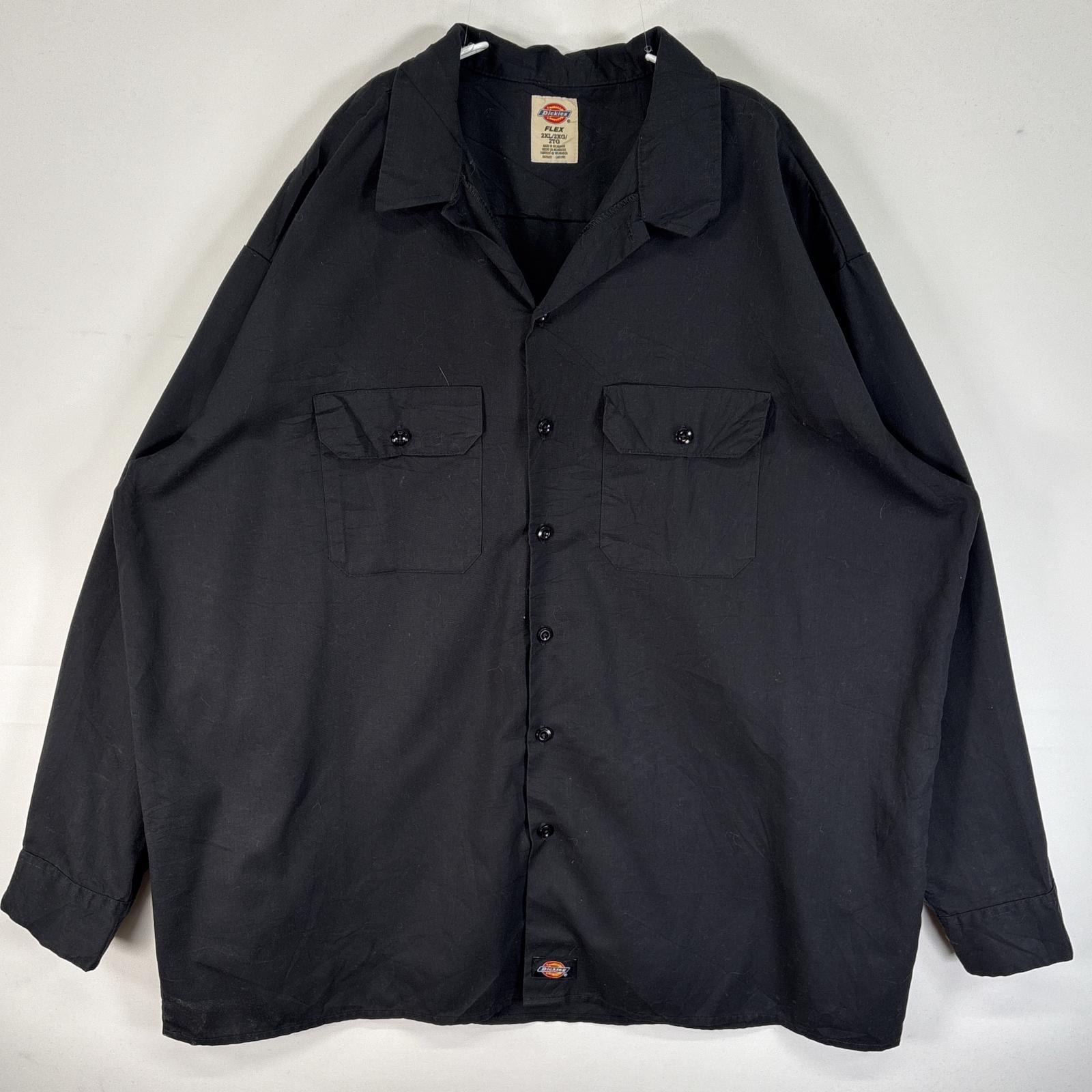 古着 ディッキーズ Dickies 長袖シャツ ワーク 作業着 フラップポケ 大きいサイズ ワンポイント ロゴ 2XL  ブラック 無地 メンズ