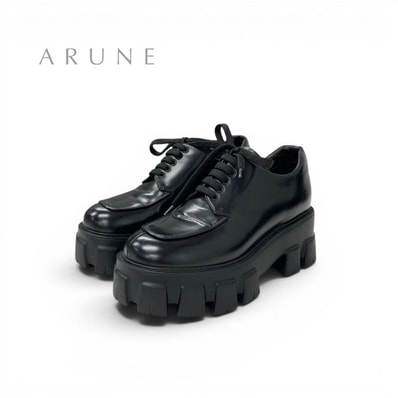 プラダ PRADA モノリス ローファー 革靴 靴 シューズ レザー ブラック ブラッシュドレザー レースアップシューズ