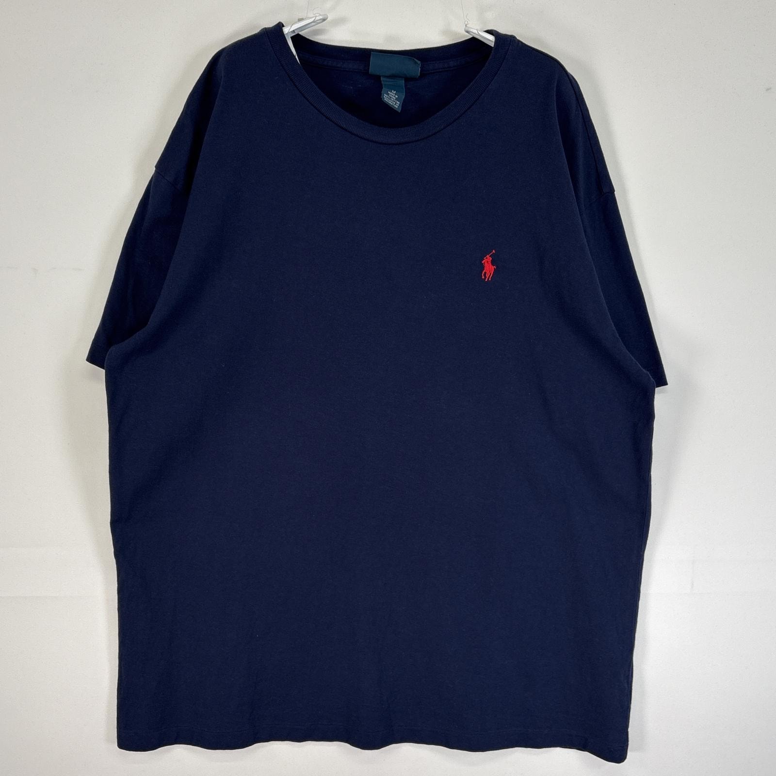 古着 90's/90年代 ポロバイラルフローレン Polo by Ralph Lauren 半袖Tシャツ ロゴ 刺繍 大きいサイズ クルーネック M  ネイビー 無地 メンズ
