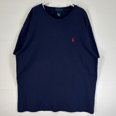古着 90's/90年代 ポロバイラルフローレン Polo by Ralph Lauren 半袖Tシャツ ロゴ 刺繍 大きいサイズ クルーネック M ネイビー 無地 メンズ