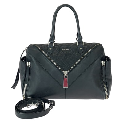 DIESEL ディーゼル レ ジッパー 2way ブラック 黒 シルバー金具 レザー ショルダーバッグ トートバッグ 600686 【中古】