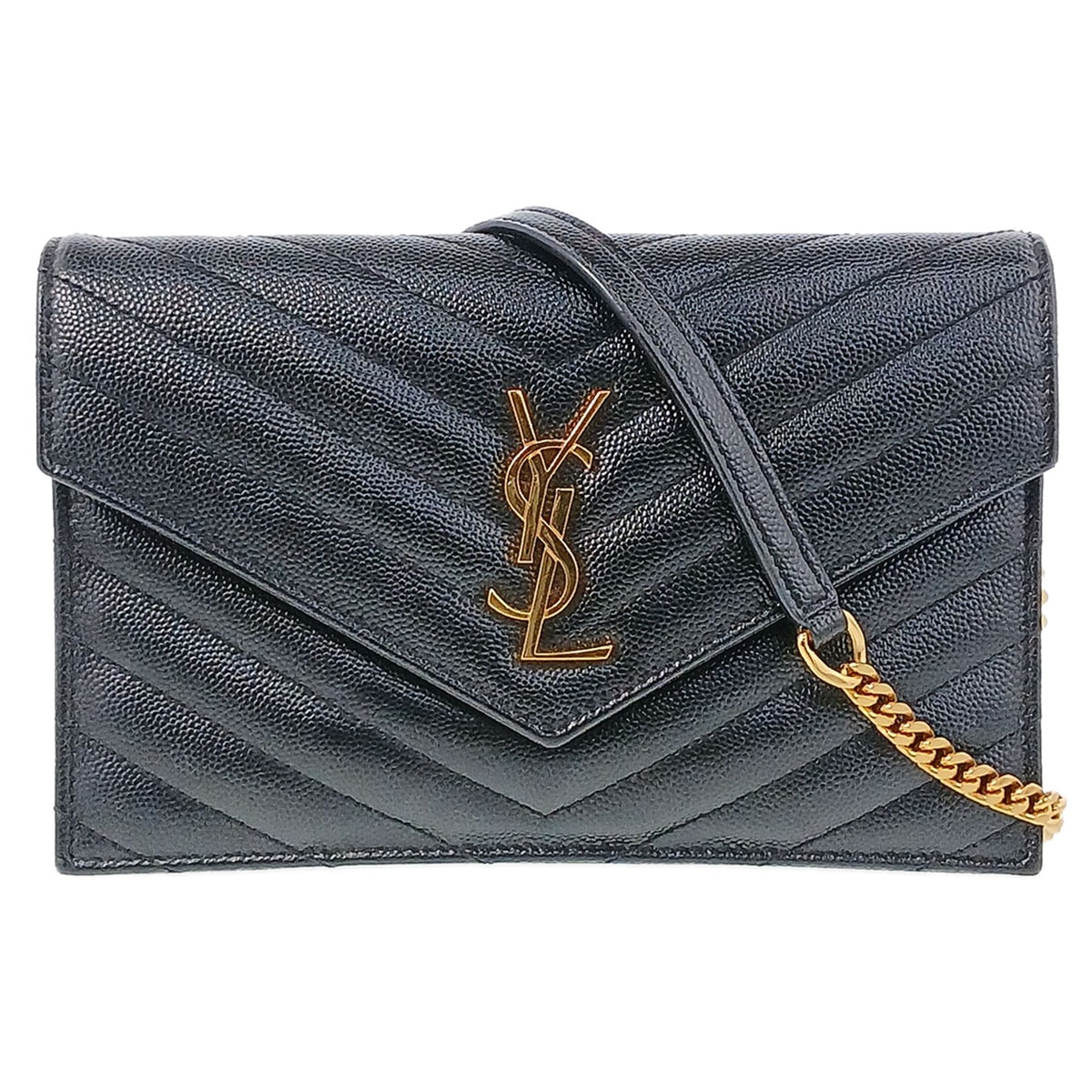 YVES SAINT LAURENT イヴ・サンローラン カサンドラ エンベロープ チェーンウォレット 長財布 742920 レザー キャビアスキン ブラック  レディース【中古】