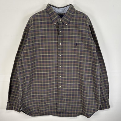 古着 90's/90年代 ラルフローレン RALPH LAUREN 長袖シャツ チェック ワンポイント ロゴ 刺繍 肉厚 14041 グリーン系 マルチカラー メンズ