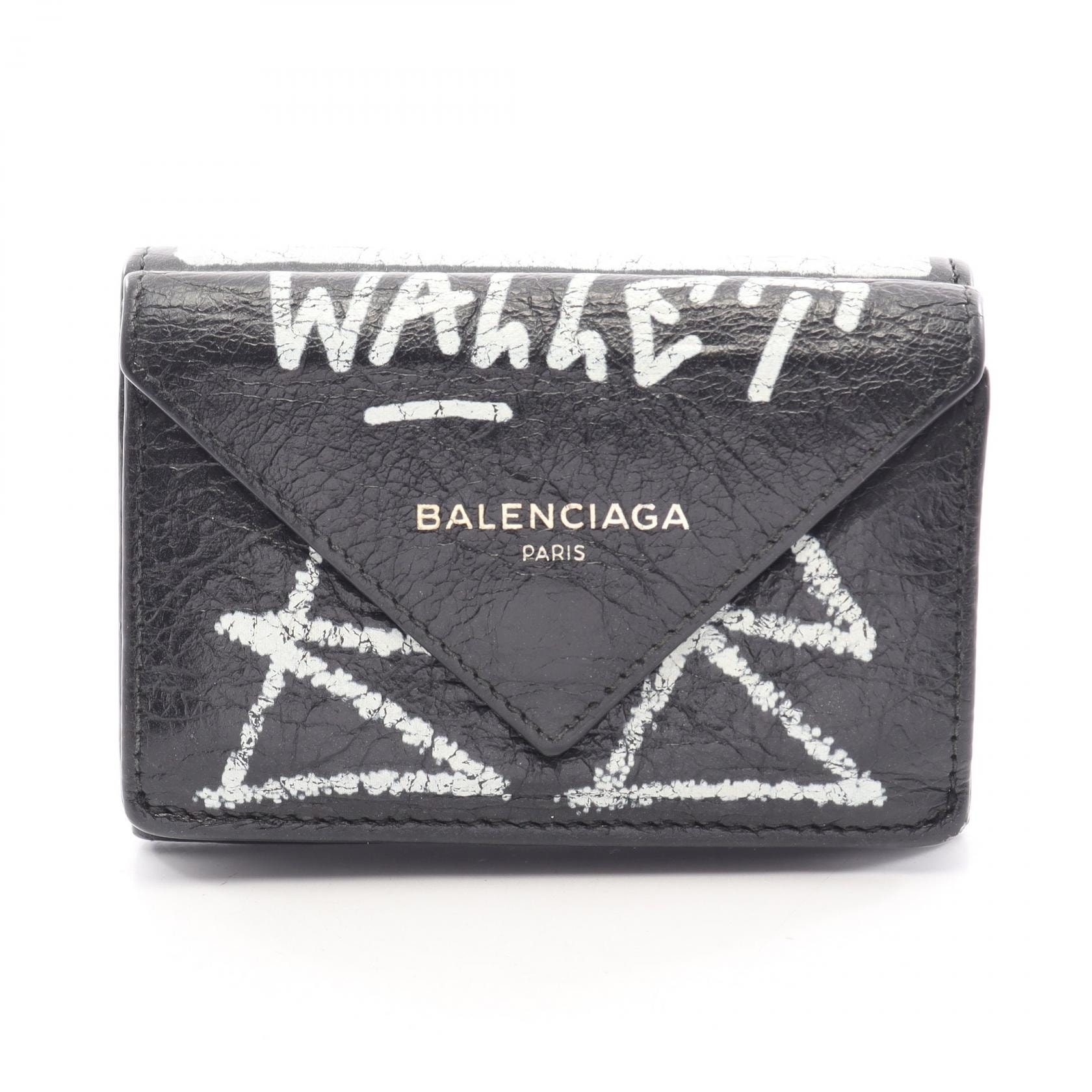 バレンシアガ BALENCIAGA ペーパーミニウォレット 三つ折り財布 財布 レザー レディース ブラック系 / ホワイト系 【中古】