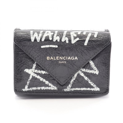 バレンシアガ BALENCIAGA ペーパーミニウォレット 三つ折り財布 財布 レザー レディース ブラック系 / ホワイト系 【中古】
