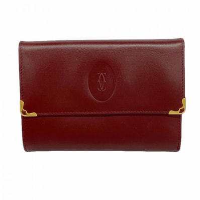【6cd5274】カルティエ 三つ折り財布 マスト レザー ボルドー ゴールド金具【中古】レディース